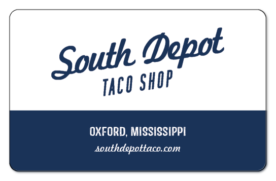 south depot taco shop navy text logo on a white background with bottom navy blue bar